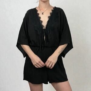 Symphony Black Lace Trim Tie Front Boho Mini V-Neck A-Line Romper